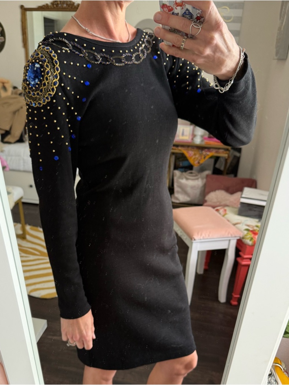Vintage 80s Black Beaded Dress Open Back Glam Art Deco Cocktail Bodycon - Picture 1 of 10